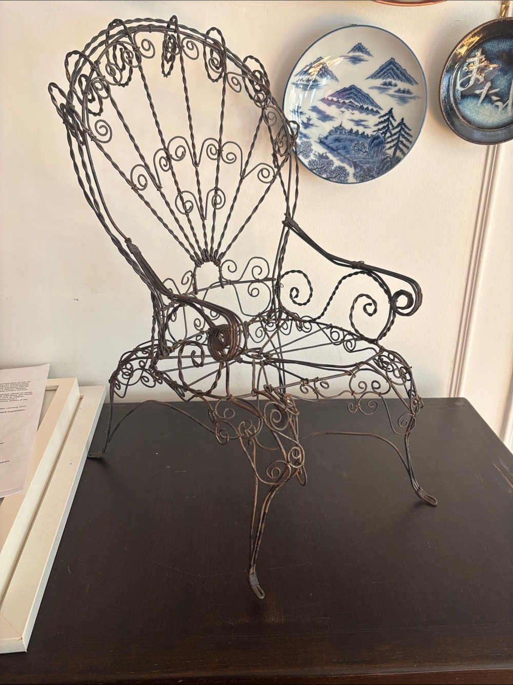 Vintage 18” Ornate Victorian Twisted Metal Wire Peacock Doll mini Chair